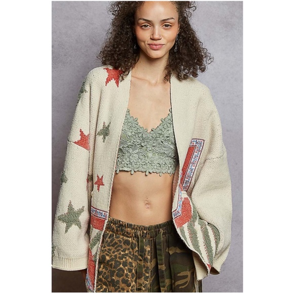 POL Cream Star Print Chenille Open Front Loose Fit Cardigan - Picture 4 of 4